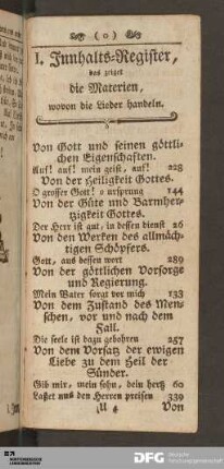 I. Innhalts-Register, was zeiget die Materien, wovon die Lieder handeln.