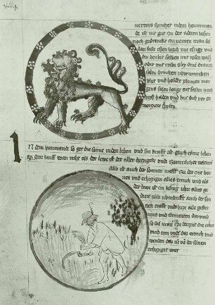 Illumination eines Lehrbuchs der Astronomie: :Schriftspiegel und Medaillons mit Tierkreiszeichen Löwe und Monatsbild Juli mit mähendem Bauern : Monatsbild Juli, Korn mähender Bauer