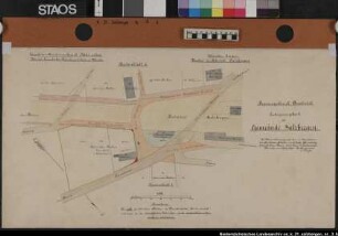 "Umbau des Bahnhofs Salzbergen. "Enteignungskarte der Gemeinde Salzbergen". Ausschnitt aus der Karte Nr. 1 ohne Gleisanlagen. Die zu enteignenden Flächen sind rot. Ausf.-Art: Farbige Zeichnung auf Leinen gezogen Herst.: Meyer Format: 36 x 66 cm Maßstab: 1 : 500