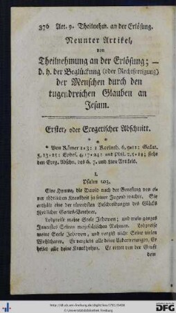 Neunter Artikel von Theilnehmung an der Erlösung; d. h. der Beglückung (oder Rechtfertigung) der Menschen durch den tugendreichen Glauben an Jesum.