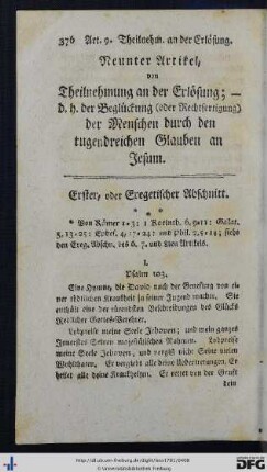 Neunter Artikel von Theilnehmung an der Erlösung; d. h. der Beglückung (oder Rechtfertigung) der Menschen durch den tugendreichen Glauben an Jesum.