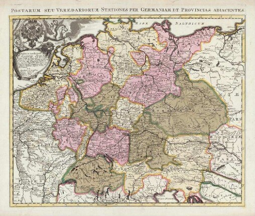 Postarum Seu Veredariorum Stationes Per Germaniam Et Provincias Adiacentes. : Illustrissimo ac Excellentissimo Domino Dno Carolo Josepho S. R. Imp. Comiti a Paar, Lib. Baroni in Hartberg et Krottenstein, Domino in Fürstenfeld, Sac. Caes. Maj. Camerario, Consiliario Iutimo Supremæ Imperialis Aulæ Regnorum Hæreditariorum et Provinciarum Generali Hæreditario Postarum Magistro Domino mihi Gratioso. D.D. Humillimus ac devotissimus Petrus Schenck Sculptor Regis Poloniae. C.P.