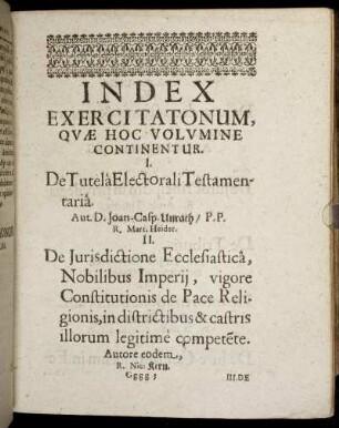 Index Exercitatonum, Quæ Hoc Volumine Continentur.