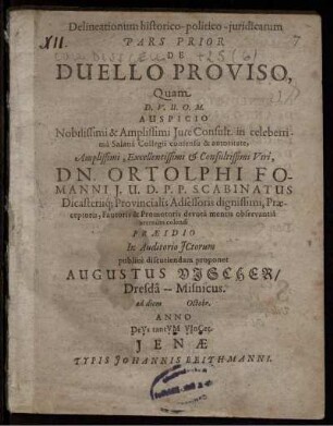 Delineationum historico-politico-iuridicarum Pars Prior De Duello Proviso