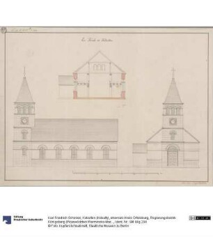 Kobulten (Kobulty), ehemals Kreis Ortelsburg, Regierungsbezirk Königsberg (Województwo Warmińsko-Mazurskie). Entwurf zur evangelischen Kirche. Profil, Seiten- und Vorderansicht