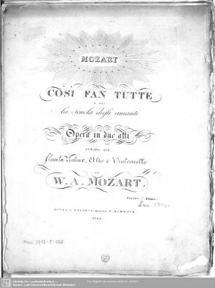 Così fan tutte o sia: la scuola degli amanti : Opera in due atti ridotto per [hs.: flauto], Violino, Alto e Violoncello