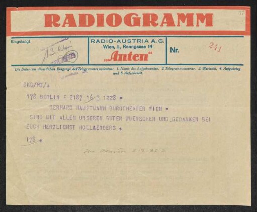 Brief von Felix Hollaender an Gerhart Hauptmann
