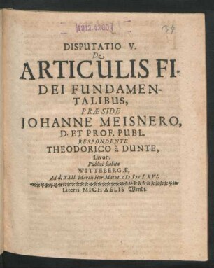 Disputatio V. De Articulis Fidei Fundamentalibus