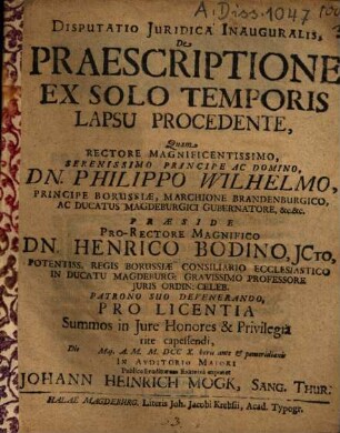 Disputatio Iuridica Inauguralis De Praescriptione Ex Solo Temporis Lapsu Procedente
