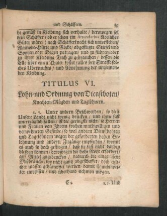 Titulus VI. Lohn- und Ordnung von Dienstboten/ Knechten/ Mägden und Taglöhnern.