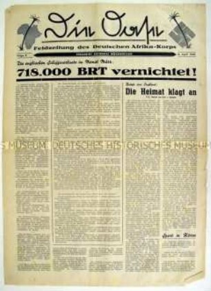 Feldzeitung des Deutschen Afrika-Korps "Die Oase" zur Bilanz des Seekrieges gegen Großbritannien im März 1941