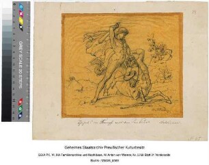 "Theseus im Kampf mit dem Centaur"(Handskizze, signiert, Feder in Schwarz). aufgeklebt auf Pappe mit rückseitiger Deckendarstellung (Handskizze, Fragment, coloriert, Feder in Schwarz, Bleistift und Tusche)