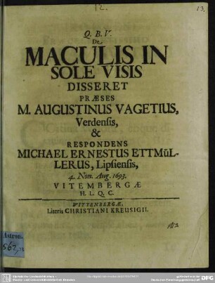 De maculis in sole visis disseret