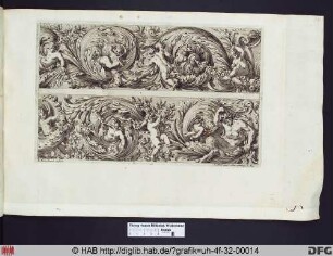 Putti und ornamentale Verzierungen, unten rechts befindet sich Pan.