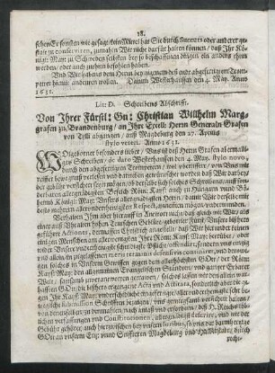 Lit: D. Schreibens Abschrifft. Von Ihrer Fürstl: Gn: Christian Willhelm Marggrafen zu Brandenburg/ an Ihre Excell: Herrn Generaln Grafen von Tylli ...