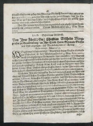 Lit: D. Schreibens Abschrifft. Von Ihrer Fürstl: Gn: Christian Willhelm Marggrafen zu Brandenburg/ an Ihre Excell: Herrn Generaln Grafen von Tylli ...