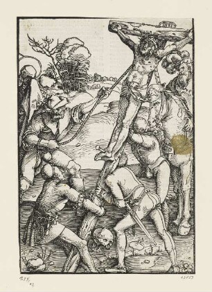 Kreuzaufrichtung, aus: Ulrich Pinder, Speculum passionis domini nostri Jesu christi, Nürnberg 1519, S. XLVII recto