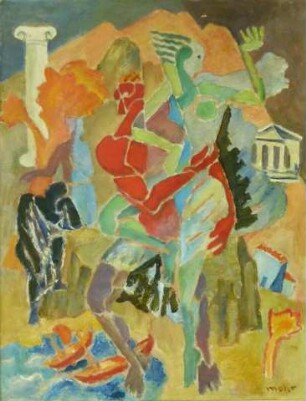 Mythologische Szene mit expressiven Farbfeldern