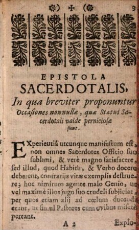Epistola sacerdotalis : in qua breviter proponantur occasiones nonnullae, quae statui sacerdotali valde perniciosae sunt