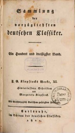 F. G. Klopstocks sämmtliche Werke, 11. Hinterlassene Schriften
