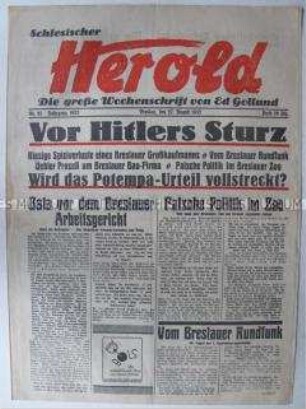 Regionale Wochenzeitung "Schlesischer Herold" u.a. mit Spekulationen über die Rolle Hitlers in der NS-Bewegung