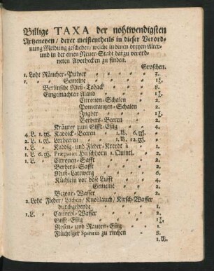 Billige Taxa der nohtwendigsten Artzeneyen ...