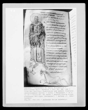Vita der heiligen Euphrosina und andere Traktate verschiedener Zeiten — Randzeichnung eines stehenden Heiligen (Germanus?), Folio 68 verso