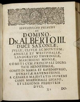Serenissimi Principi Ac Domino, Dn. Alberto III. Duci Saxoniæ [...]