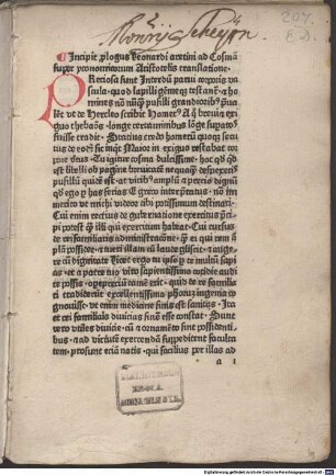 Oeconomica : Lib. 1 ; mit Brief an Bartholomaeus de la Cap. (?) von Leonardus Brunus und an Johannes Marrasius von Carolus Marsupinus