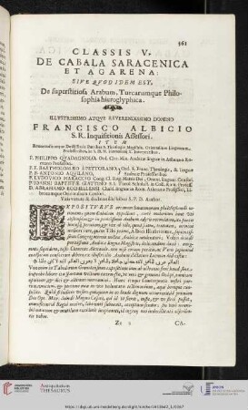 Classis V: De Cabala Saracenica et Agarena: sive quod idem est, de superstitiosa Arabum, Turcarumque philosophia hieroglyphica