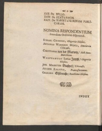 Nomina Respondentium secendum Ordinem disputandi.
