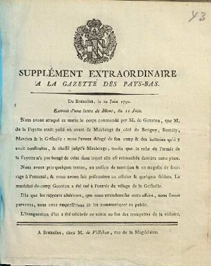 Gazette des Pays-Bas. Supplément extraordinaire à la Gazette des Pays-Bas. 1792, 12 Juin