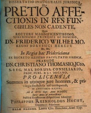 Dissertatio Inauguralis Juridica De Pretio Affectionis In Res Fungibiles Non Cadente