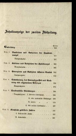 Inhaltsanzeige der zweiten Abtheilung.