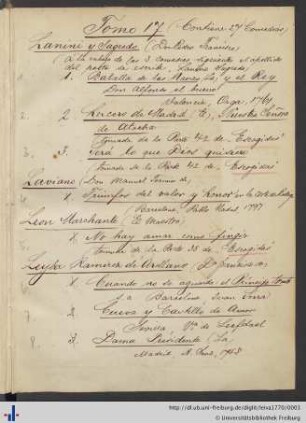 Handschriftliches Inhaltverzeichnis des Bandes