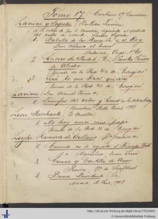 Handschriftliches Inhaltverzeichnis des Bandes