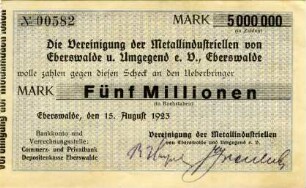 Vereinigung der Metallindustriellen von Eberswalde und Umgebung e.V.: 5 Millionen Mark 1923