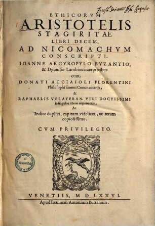 Ethicorum Aristotelis Stagiritae libri decem : ad Nicomachum conscripti