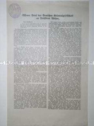 Offener Brief der Deutschen Kolonialgesellschaft an Präsident Wilson