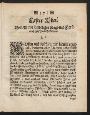 Erster Theil. Vom Ambt sämbtlicher Jagt-und Forst- auch Fischerey Bedienten.