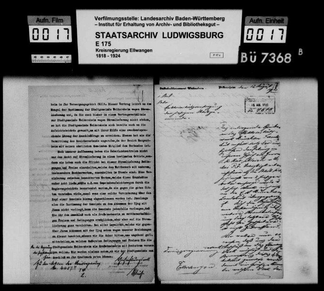 Stromversorgung der Stadt Weikersheim Oberamt Mergentheim