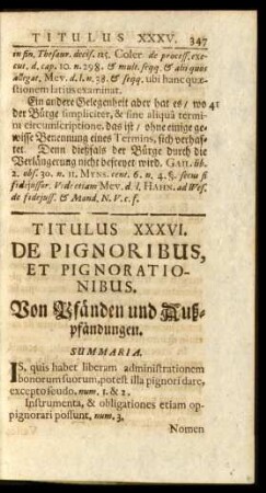 Titulus XXXVI. De Pignoribus, Et Pignorationibus. Von Pfänden und Außpfändungen
