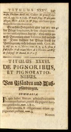 Titulus XXXVI. De Pignoribus, Et Pignorationibus. Von Pfänden und Außpfändungen