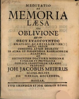 Meditatio de memoria laesa, s. oblivione
