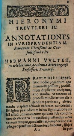 Lvcerna Cavsidicorvm id est, In Ivrisprvdentiam Romanam, Praesertim Vero Tam Cameralem, quam communis fori Processum, Annotationes Avreae, Hieronymi Trevtleri, Ic. celeberrimi : praxi ita accommodatae, vt ad caussas obtinendas summum momentum habere, facile quivis reipsa deprehendere poßit