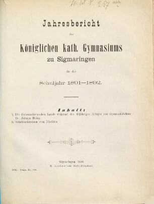 Jahresbericht : über das Schuljahr ... 1891/92