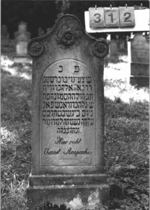 Grabstein 312 (Index: 100106833) Material: Sandstein Zustand: stark verwittert, Lettern fast durchweg falsch nachgezogen Maße HxBxT: 114x43x9 cm Beschreibung: Stele, geschwungener Bogenabschluß, in Voluten auslaufend, Schriftfeld abgegrenzt mit Rundbogenabschluß, getreppter Sockel Symbolik: floral: Grabstein 312