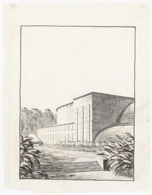 Konzerthaus »Palmengarten«, Frankfurt/Main: Perspektivische Ansicht Konzerthaus, Anschluss Palmenhaus außen