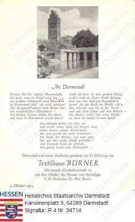 Darmstadt, Mathildenhöhe mit Hochzeitsturm / darunter Gedichttext 'An Darmstadt' - Reklame zur Eröffnung des Textilhauses Bürner