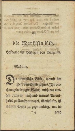 An die Markisin d'O, Hofdame der Herzogin von Burgund.